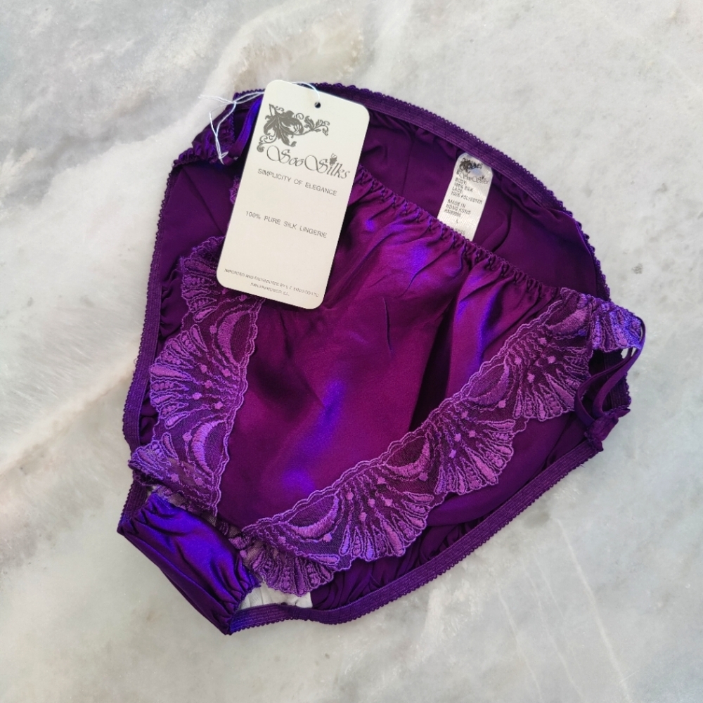 NWT Silk Panties with Lace Trim (Shell Pattern) | Vintage Satin Briefs- Purple